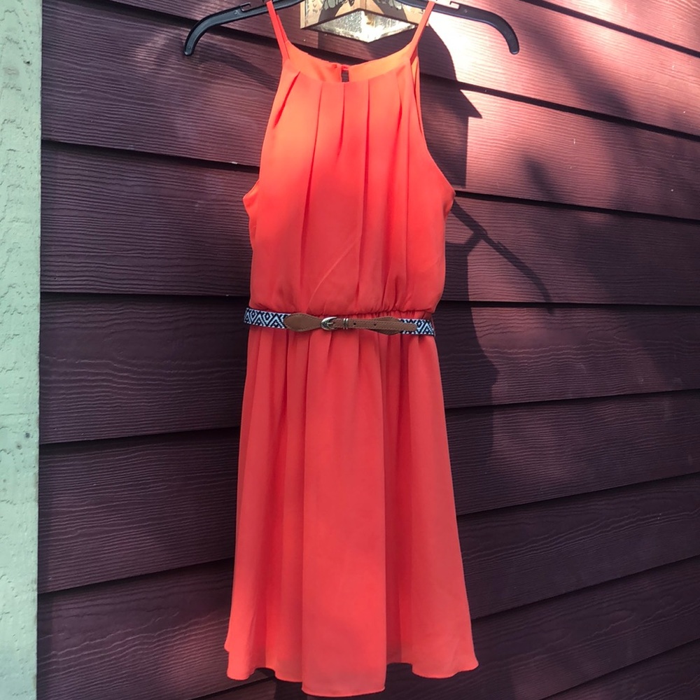 Orange sundress with Aztec print belt